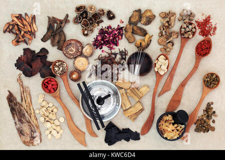 Chinesische Kräutermedizin mit traditionellen Kräutern, Akupunkturnadeln, moxa Sticks in moxibustion Therapie und Mörser mit Pistill auf Hanf Papier verwendet. Stockfoto