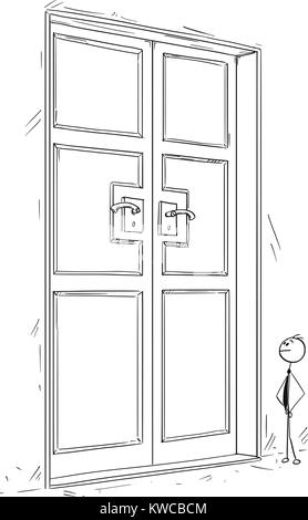 Cartoon stick Mann Zeichnung konzeptuelle Abbildung: business Mann, der vor der großen Tür geschlossen. Konzept der Suche nach der Lösung des Problems. Stock Vektor