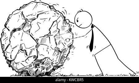 Cartoon stick Mann Zeichnung konzeptuelle Abbildung: Geschäftsmann rolling großen Felsen. Konzept der harten Geschäft Aufgabe. Stock Vektor