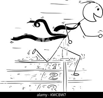 Cartoon stick Mann Zeichnung konzeptionelle Darstellung der Geschäftsmann an der Ziellinie laufen und gewann das Rennen. Konzept der Business Erfolg gegen Kom Stock Vektor