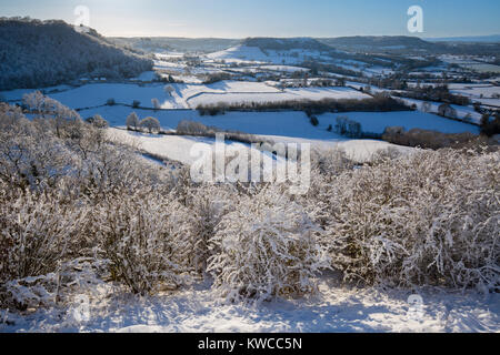 Die Aussicht von Coaley Peak Cam Lange nach Schneefall, Gloucestershire, VEREINIGTES KÖNIGREICH Stockfoto