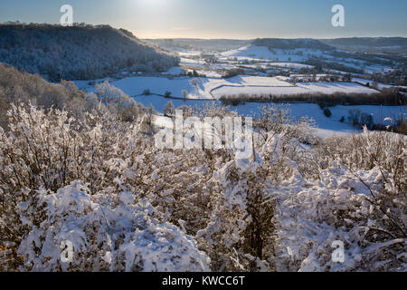 Die Aussicht von Coaley Peak Cam Lange nach Schneefall, Gloucestershire, VEREINIGTES KÖNIGREICH Stockfoto