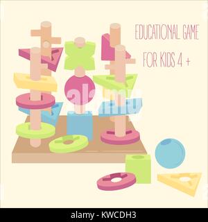 Holzperlen und Farbe Stück an rotierenden Spiel pegs. Pädagogische lernen Spielzeug für Kinder 4 und höher. Stapel der Intelligenz Blöcke auf fünf Säulen. Stock Vektor