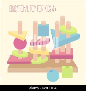 Holzperlen und Farbe Stücke auf heringe Spiel. Pädagogische lernen Montessori Spielzeug für Kinder 4 und höher. Stapel der Intelligenz Blöcke auf sechs Spalten. Stock Vektor