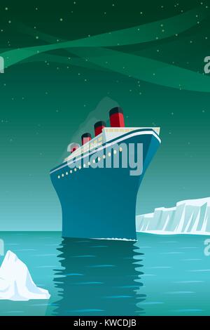 Vintage Style Vector Illustration von riesigen Kreuzfahrtschiff mit Eisberge auf dem Arktischen Ozean unter Northern lights Stock Vektor