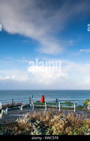 Eine einsame weibliche Teenagerin in einer knallroten Jacke, die auf einer Bank auf einer Aussichtsplattform sitzt und das Meer in Newquay Cornwall überblickt. Stockfoto