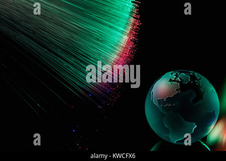 Farbe Fibre optische Hintergrund auf Schwarz, Glasfaser Leuchten mit Kugel, abstrakten Hintergrund Stockfoto