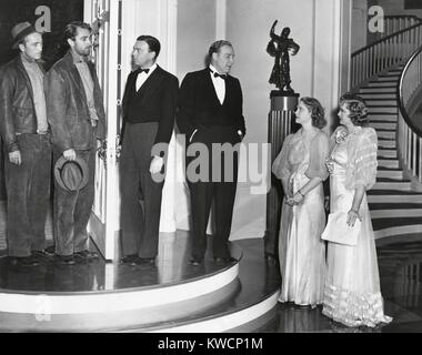 Drei Hollywood-Schauspieler mit ihren einspringen können bei der Herstellung von "Fröhlich wir leben". Feb.10, 1938. L-R: George Flynn, Brian Aherne, Bud Carpenter, Alan Mowbray, Georgia Bonafeld, Billie Burke. Stand-ins nehmen, die die Schauspieler während der Beleuchtung des Satzes und Fokussierung der Kameras platzieren. -(BSLOC 2014 17 73) Stockfoto