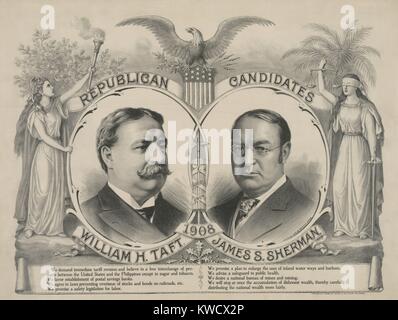 Plakat für die republikanische Kandidaten bei den Präsidentschaftswahlen 1908. Unter den Porträts von William Howard Taft und John Sherman sind Aussagen von ihren moderaten Plattform (BSLOC 2017 2 115) Stockfoto