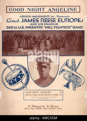 Gute Nacht ANGELINE, Noten von 1919. Musik von James Reese Europe, und Lyrics von Noble Sissle und Eubie Blake. Die vordere Seite erwähnt Lieut. James Europa und seine berühmten 369 US-Infanterie Hölle Kämpfer Band (BSLOC 2017 2 189) Stockfoto