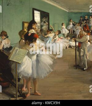 Der Tanz Klasse, von Edgar Degas, 1873, französischer impressionistischer Malerei, Öl auf Leinwand. Über 20 Frauen, Ballerinas und ihre Mütter, warten, während eine Tänzerin ihre Prüfung ausführt. Jules Perrot, einem berühmten ballettmeister, führt die Klasse (BSLOC 2017 3 105) Stockfoto