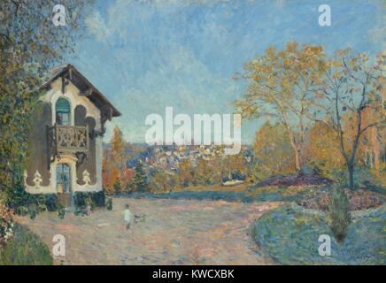 Anzeigen von Marly-le-Roi aus Coeur-Volant, von Alfred Sisley, 1876, französischer Impressionisten Öl Malerei. Sisleys, der die Anwendung komplementärer Farben Blau und Orange beleben diese unkonventionell aus Landschaft (BSLOC 2017 3 127) Stockfoto