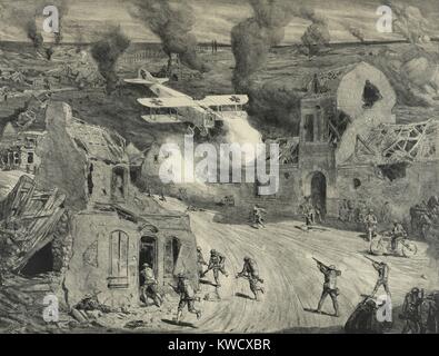 Weltkrieg 1. Amerikanischen Marines, die von einem deutschen Flugzeug in Villemontoire bei Soissons Angriff angegriffen. Nach leiden 43% Verluste, die Marines wurden durch die französischen Truppen befreit. Die Schlacht von Soissons markiert das Ende der letzten großen deutschen Offensive der WK1. Juli 18-19, 1918. Von Lucian Jonas, 1927 Lithographie,.. (BSLOC 2013 1 198) Stockfoto