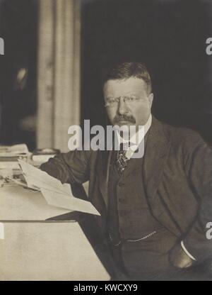 Präsident Theodore Roosevelt, an seinem Schreibtisch sitzt, Papiere, 1904 (BSLOC 2017 4 59) Stockfoto