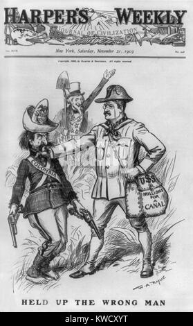 Harpers Weekly Abdeckung mit Kolumbien, als Bandit, von Theodore Roosevelt angehalten wird. Die Karikatur von Nov. 21, 1903 spiegelt die von uns öffentliche Zustimmung, die überwand die Einwände der amerikanischen Antiimperialisten (BSLOC 2017 4 66) Stockfoto