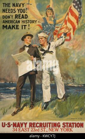 Die MARINE BRAUCHT SIE! Lesen Sie NICHT die amerikanische Geschichte - es MACHEN! Amerikanische Welt Krieg 1 recruiting Poster von James Montgomery Flagg, 1917 (BSLOC 2017 1 50) Stockfoto