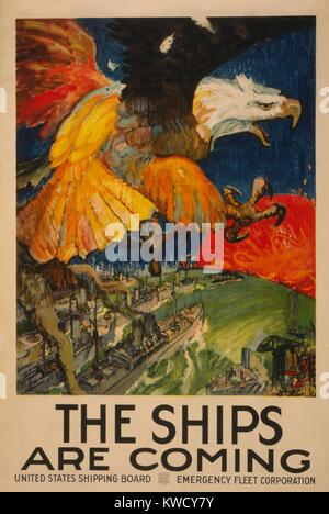 Die SCHIFFE KOMMEN. 1917 der Erste Weltkrieg Plakat von der United States Shipping Board. Die Versandkosten Board-Emergency Fleet Corporation, Notfall Agentur zu vergrößern und die Verwaltung der US-Handelsmarine (BSLOC 2017 1 54) Stockfoto