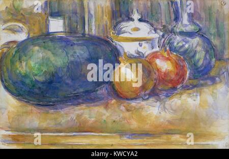 Still-Life mit einer Wassermelone und Granatäpfel, von Paul Cezanne, 1900-06, französische Postimpressionismus. Aquarell Malerei über Graphit auf Papier (BSLOC 2017 5 26) Stockfoto