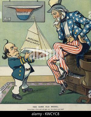 Die gleichen alten Modell, 1908 politische Karikatur aus PUCK Magazin. William Jennings Bryan zeigt ein Modell Segelboot persönliche Popularität zu Uncle Sam beschriftet. Bryans Boot fehlt ein Kiel, im Vergleich zu den Taft Modell, das einer labels Prinzip (BSLOC 2017 2 103) Stockfoto