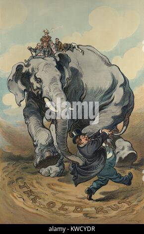 Der Führer, eine politische Karikatur von Präsident Taft führenden die Republikanische Elefant in Kreisen, die Schaffung einer Furche. Puck Magazin, November 10, 1909. Unter denen, die die Elefanten sind Lautsprecher Joseph G. Kanone, Senator Nelson W. Aldrich, und VP James S. Sherman (BSLOC 2017 2 123) Stockfoto