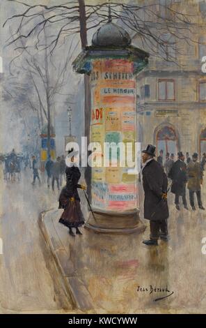 Pariser Straßenszene, von Jean Beraud, 1885, französischer impressionistischer Malerei, Öl auf Leinwand. Beraud lackiert Pariser Straße leben in einer akademischen Stil vom Impressionismus beeinflusst. Seine Werke wurden von wohlhabenden Belle Epoque Zeichen, wie zum Beispiel die stilvolle Frau bestückt ist eine Seite von einem Plakat überdachten Kiosk, und der Herr auf der Anderen (BSLOC 2017 3 167) Stockfoto