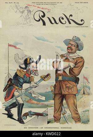 Sein Zustand eine bedingungslose Kapitulation, Sept. 14, 1898 Brief von PUCK Magazin. Thomas C. Platt bietet sein Schwert N.Y. republikanischen Chef zu Theodore Roosevelt beschriftet. Platt übergibt seine langjährige republikanischen Rivalen, die ihre partys Nennung für Regler (BSLOC 2017 4 20) empfangen Stockfoto