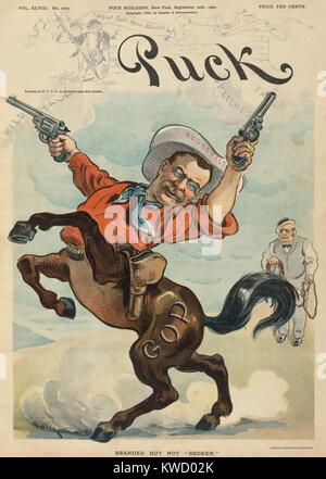 Theodore Roosevelt als Ruckeln bronco Feuern zwei Revolver. PUCK Magazin Cartoon von Sept. 12, 1900, als Roosevelt ausgeführt wurde für Vice President. Im Hintergrund, ein trauriger Haufen, Ohio Senator Mark Hanna hält ein Lasso. Ein Jahr später, als VP Roosevelt Präsident wurde, Hanna beklagt, Jetzt, verdammt Cowboy ist Präsident (BSLOC 2017 4 34) Stockfoto