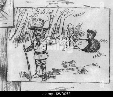 Cartoon, dass die Schaffung des Zeug Tier Spielzeug inspiriert, Teddybären. Die Linie zeichnen in Mississippi, von Clifford Berryman, Nov. 16, 1902. Die Karikatur ist über Präsident Theodore Roosevelts Weigerung eine verkettete Bären zu schießen, während eines Jagdausflugs in Mississippi. Die Erwachsenen tragen der Wirklichkeit, morphed in eine niedliche kleine Bär, Bärchen, der mit Roosevelt (BSLOC 2017 4 90) zugeordnet wurde Stockfoto