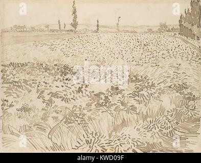 Weizenfeld, von Vincent Van Gogh, 1888, Dutch Post-Impressionist reed Stift über graphit zeichnung. Die Zeichnung ist kleiner als die illusionistischen Raum zurückzieht (BSLOC 2017 5 58) Stockfoto