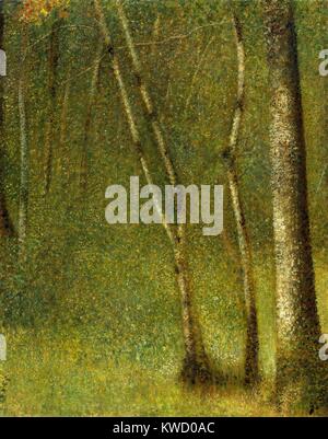 Der Wald in Pontaubert, von Georges Seurat, 1881, French Post-Impressionist, Öl auf Leinwand. Dieses Gemälde dürfen im Freien begonnen wurden und in Seurats studio abgeschlossen, wenn der Künstler etwa 22 Jahre alt war. Daubs von Farbe auf größere Gebiete (BSLOC 2017 5 78) Stockfoto
