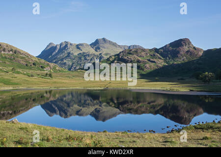 Blea Tarn and the Langdale Pikes Cumbria English Lake District England on summer morning with bright sun and reflections Stockfoto