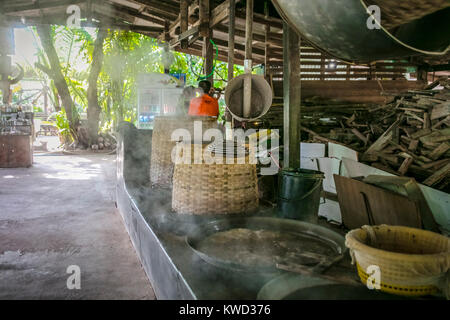 Holz Gasbrenner für das Verdunsten von Kokosnuss Zucker an der Plantage sap, Tambon Kradangnga, Samut Songkhram, Thailand. Stockfoto