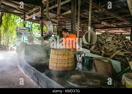 Holz Gasbrenner für das Verdunsten von Kokosnuss Zucker an der Plantage sap, Tambon Kradangnga, Samut Songkhram, Thailand. Stockfoto