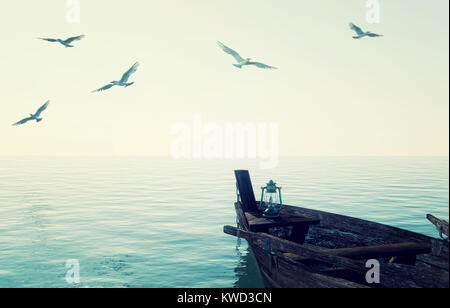 Altes, hölzernes Fischerboot schweben über ruhigen blauen Meer und Himmel, 3D-Rendering Stockfoto