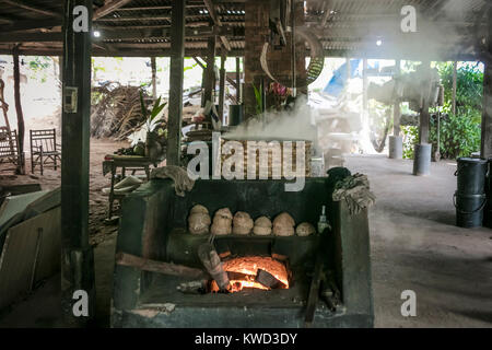 Holz Gasbrenner für das Verdunsten von Kokosnuss Zucker an der Plantage sap, Tambon Kradangnga, Samut Songkhram, Thailand. Stockfoto