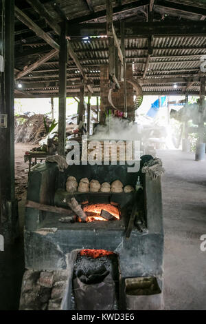 Holz Gasbrenner für das Verdunsten von Kokosnuss Zucker an der Plantage sap, Tambon Kradangnga, Samut Songkhram, Thailand. Stockfoto