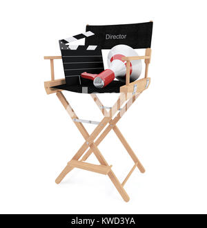 Director's Chair mit Klappe und Megafon auf weißem Hintergrund. 3D-Rendering Stockfoto
