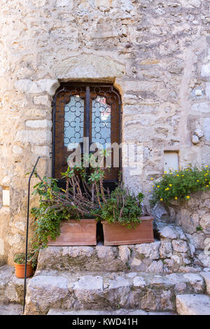 Rustikale Holztür am alten Steinhaus mit Mediterranen Pflanzmaschinen, Französische Riviera, Frankreich Stockfoto
