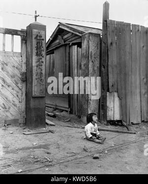 Koreanische Kind sitzt alleine auf der Straße in Inchon, Korea, der Tag, an dem die US-Marines die Stadt besetzt. Sept. 17, 1950. 100.000 Kinder wurden während des Koreakrieges, 1950-1953 verwaist. (BSLOC 2014 11 49) Stockfoto