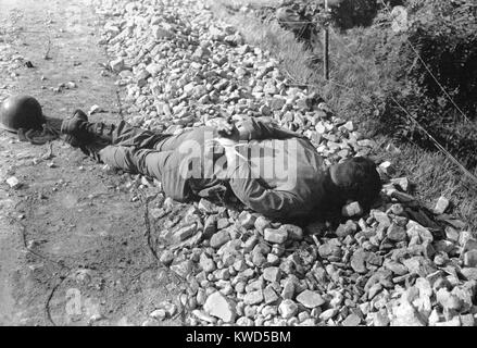 Toter US-Soldat schoss durch den Kopf mit den Händen hinter dem Rücken gefesselt. Er war einer der vier erfasst und ausgeführt von Nordkoreanern in der Nacht vom 9. Juli 1950. Koreakrieg, 1950-1953. (BSLOC 2014 11 6) Stockfoto