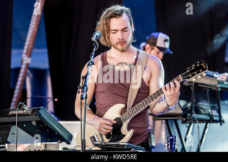 Die isländischen Musiker und Sänger und Songwriter Ásgeir Trausti führt ein Live Konzert bei den Danish Music festival Roskilde Festival 2013. Dänemark, 07.07 2013. Stockfoto