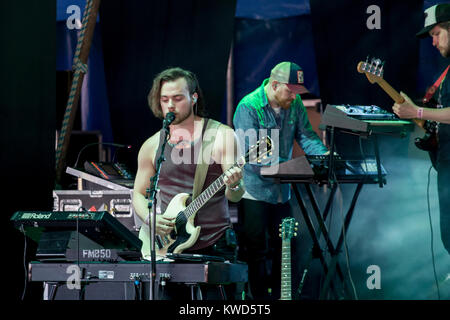 Die isländischen Musiker und Sänger und Songwriter Ásgeir Trausti führt ein Live Konzert bei den Danish Music festival Roskilde Festival 2013. Dänemark, 07.07 2013. Stockfoto