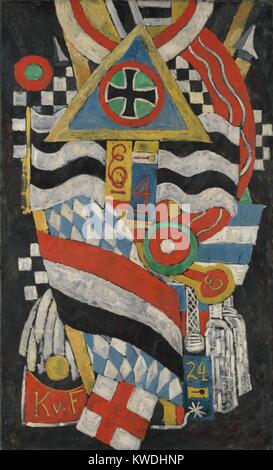 Porträt EINES DEUTSCHEN OFFICIER, Marsden Hartley, 1914, Amerikanische Malerei, Öl auf Leinwand. Hartley Zusammensetzung ist ein abstraktes Porträt von Karl von Freyburg, einem preußischen Leutnant, ein Freund der Künstler, der im Zweiten Weltkrieg 1 starb. Von Freyburg ist symbolisch mit der Initialen, K.; sein Regiment Nummer 4; sein Alter bei Tod, 24 dargestellt; und das Eiserne Kreuz, erhielt er postum (BSLOC 2017 7 103) Stockfoto