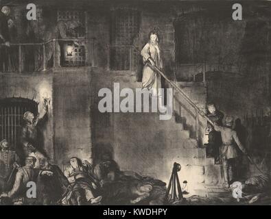 Mord an Edith Cavell, von George Faltenbälge, 1918, American drucken, Lithographie. Edith Cavell, eine englische Krankenschwester, absteigend Gefängnis Treppen vor ihrer Hinrichtung wegen Spionage im Zweiten Weltkrieg 1. Sie fährt von einem Priester und Soldaten gegenüber der Deutschen Erschießungskommando in der Dunkelheit auf der rechten Seite. Schauspielerin Anna Neagle spielte die Hauptrolle in der Hollywood Film 1939, Krankenschwester Edith Cavell (BSLOC 2017 7 130) Stockfoto