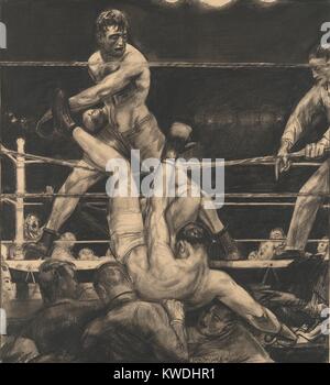 DEMPSEY DURCH DIE SEILE, von George Faltenbälge, 1923, Amerikanische Zeichnung, lithographische Kreide auf Papier. Luis Firpo klopfte Jack Dempsey aus dem Ring in der ersten Runde der Kampf um die Polo Grounds in New York am 14. September 1923. Dempsey zurück in den Ring und gewann den Kampf (BSLOC 2017 7 132) Stockfoto