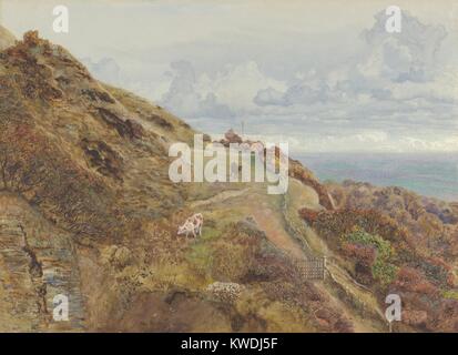 BONCHURCH DOWNS, von John Brett, 1865, British Aquarell Malerei. Isle of Wight Landschaft ist sehr detailliert dargestellt. Es gibt grasende Kühe auf einer Weide im Hochland, mit dem Meer in der Ferne sich bis an den Horizont, in diesem Meisterwerk der englischen Aquarell (BSLOC 2017 9 134) Stockfoto