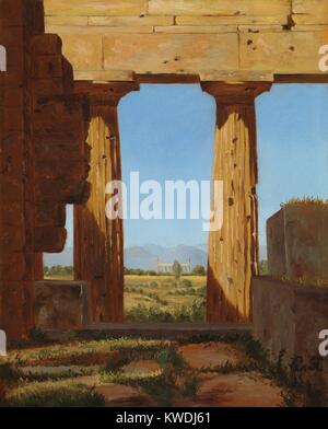 Spalten DER TEMPEL DES NEPTURE in Paestum, von Constantin Hansen, 1838, Dänisch Öl Malerei. Hansen gemalt im 6. Jahrhundert V.CHR. griechische Komplex in Paestum, Italien. Diese Ansicht wird aus dem Inneren der Tempel von Neptun, mit seinen kannelierte dorische Säulen Framing der entfernten Tempel der Athena (BSLOC 2017 9 144) Stockfoto