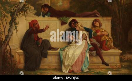 Florentiner Dichter, von Alexandre Cabanel 1861 Französische Malerei, Öl auf Holz. Die Künstlerin, die mindestens 4 Ableger der beliebten historischen Szene. Die Lautsprecher auf der Linken, die Ähnlichkeit mit Porträts von Dante Bären, rezitiert, ein Publikum in Renaissance Kostüm. Es ist eine historische realistischen Stil (BSLOC 2017 9 73) lackiert Stockfoto