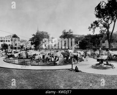 Afrikanische Amerikaner lagerten sich in einem Stadtpark in Charleston nach dem Erdbeben vom 31. August 1886. Fast jeder in Charleston verlassen Ihre beschädigte Häuser in Parkanlagen, Friedhöfe, Hinterhöfe zu schlafen, Busse, Schiffe, Eis wagen und Waggons. Foto von John K. Hillers (BSLOC 2017 17 58) Stockfoto