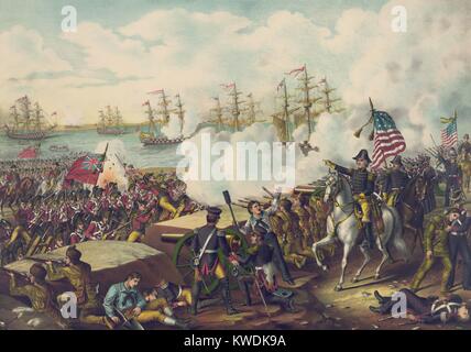 General Andrew Jackson auf dem Pferderücken Kommandeur der US-Truppen in der Schlacht von New Orleans. Britische Truppen in der rotröcke, März in amerikanische Feuer von einer befestigten Linie auf Jan. 8, 1815. Die Briten wurden besiegt, und verlor zwei Generäle, Edward Pakenham und Samuel Gibbs. Britisches Schiff im Hintergrund transportierte die Soldaten (BSLOC 2017 6 7) Stockfoto